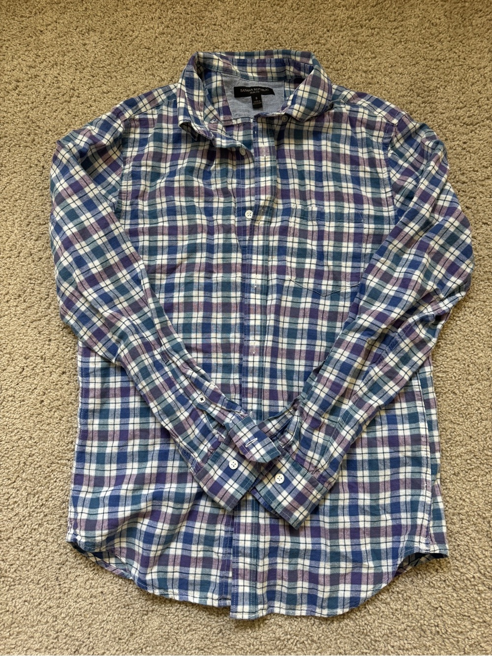 Banana Republic Men's Blue, White & Purple Plaid Button-Down Slim Fit Shirt